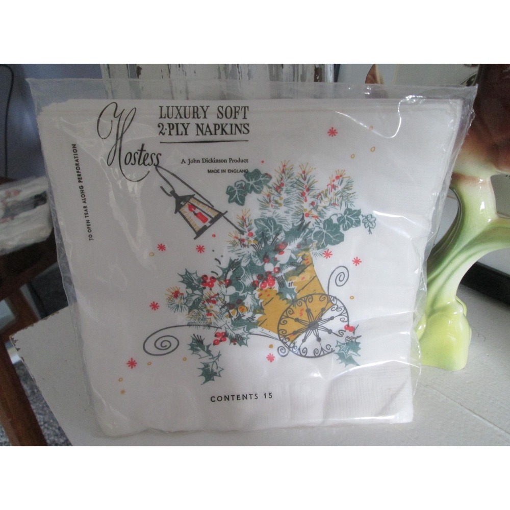 VTG Christmas Lantern Holly Cart 2-ply Luncheon‎ Napkins NIPHostess J. Dickinson